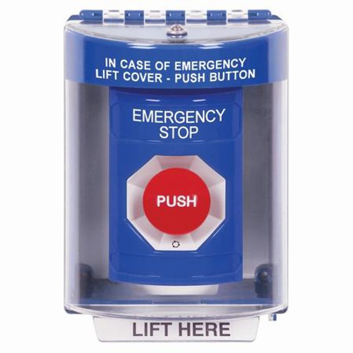 SS2471ES-EN STI Blue Indoor/Outdoor Surface Turn-to-Reset Stopper Station with EMERGENCY STOP Label English