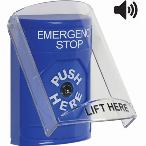 SS24A0ES-EN STI Blue Indoor Only Flush or Surface w/ Horn Key-to-Reset Stopper Station with EMERGENCY STOP Label English