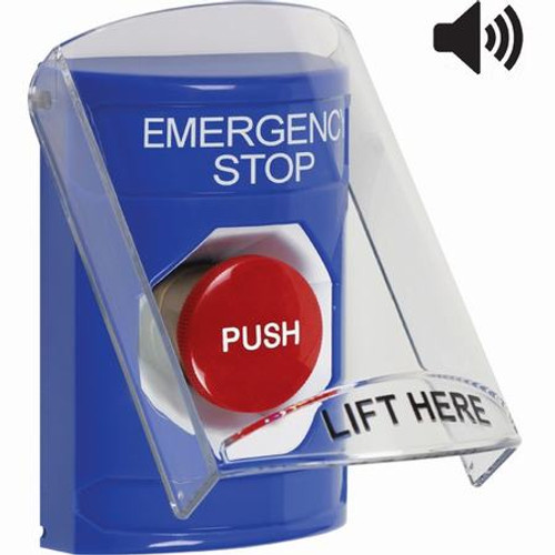 SS24A4ES-EN STI Blue Indoor Only Flush or Surface w/ Horn Momentary Stopper Station with EMERGENCY STOP Label English