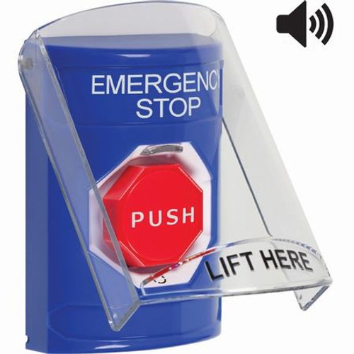SS24A9ES-EN STI Blue Indoor Only Flush or Surface w/ Horn Turn-to-Reset (Illuminated) Stopper Station with EMERGENCY STOP Label English