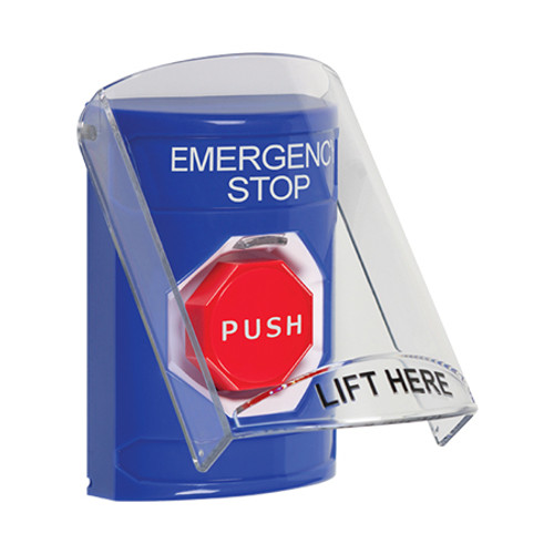 SS2425ES-EN STI Blue Indoor Only Flush or Surface Momentary (Illuminated) Stopper Station with EMERGENCY STOP Label English