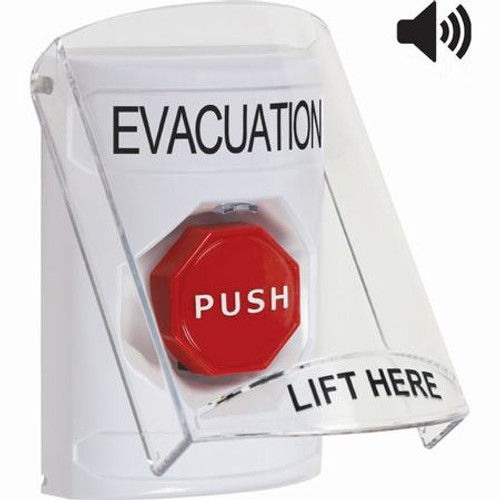 SS23A5EV-EN STI White Indoor Only Flush or Surface w/ Horn Momentary (Illuminated) Stopper Station with EVACUATION Label English