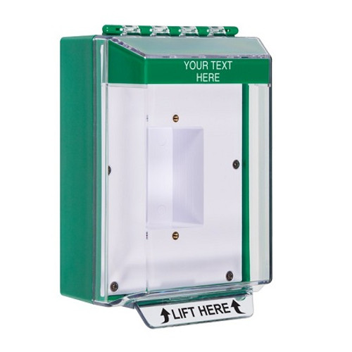 STI-14410CG STI Universal Stopper Low Profile Cover Enclosed Back Box, Sealed Mounting Plate and Hood - Custom Label - Green - Non-Returnable