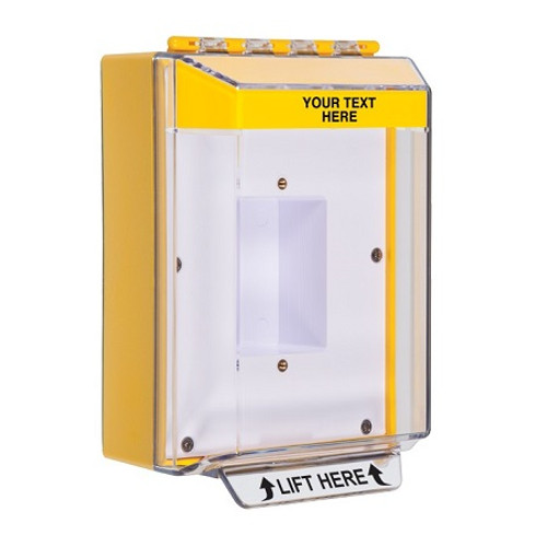 STI-14410CY STI Universal Stopper Low Profile Cover Enclosed Back Box, Sealed Mounting Plate and Hood - Custom Label - Yellow - Non-Returnable