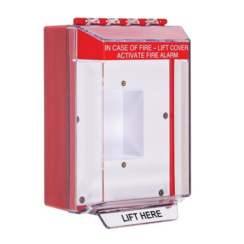 STI-14420FR STI Universal Stopper Low Profile Cover Enclosed Back Box, Sealed Mounting Plate and Hood with Horn - Fire Label - Red