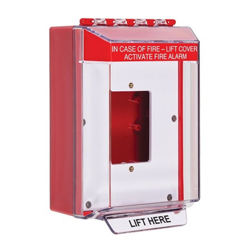 STI-14510FR STI Universal Stopper Low Profile Cover Enclosed Back Box, Open Mounting Plate and Hood - Fire Label - Red