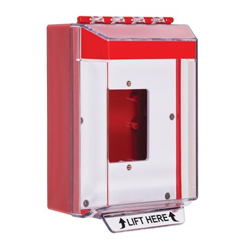 STI-14510NR STI Universal Stopper Low Profile Cover Enclosed Back Box, Open Mounting Plate and Hood - No Label - Red