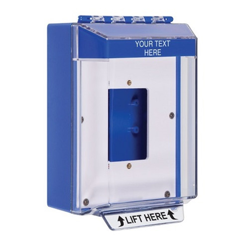 STI-14510CB STI Universal Stopper Low Profile Cover Enclosed Back Box, Open Mounting Plate and Hood - Custom Label - Blue - Non-Returnable