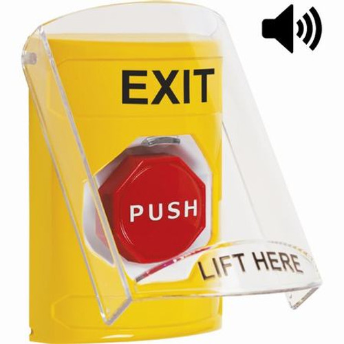 SS22A8XT-EN STI Yellow Indoor Only Flush or Surface w/ Horn Pneumatic (Illuminated) Stopper Station with EXIT Label English