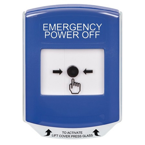 GLR421PO-EN STI Blue Indoor Only Shield Key-to-Reset Push Button with EMERGENCY POWER OFF Label English