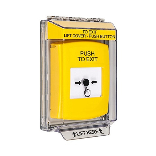 GLR231PX-EN STI Yellow Indoor/Outdoor Low Profile Flush Mount Key-to-Reset Push Button with PUSH TO EXIT Label English