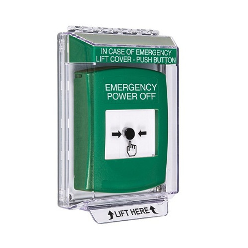 GLR131PO-EN STI Green Indoor/Outdoor Low Profile Flush Mount Key-to-Reset Push Button with EMERGENCY POWER OFF Label English