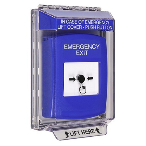 GLR431EX-EN STI Blue Indoor/Outdoor Low Profile Flush Mount Key-to-Reset Push Button with EMERGENCY EXIT Label English