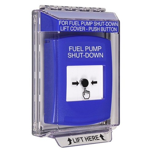 GLR431PS-EN STI Blue Indoor/Outdoor Low Profile Flush Mount Key-to-Reset Push Button with FUEL PUMP SHUT-DOWN Label English