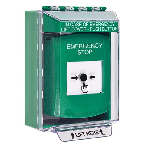 GLR171ES-EN STI Green Indoor/Outdoor Low Profile Surface Mount Key-to-Reset Push Button with EMERGENCY STOP Label English