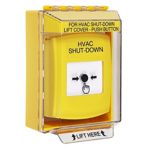 GLR271HV-EN STI Yellow Indoor/Outdoor Low Profile Surface Mount Key-to-Reset Push Button with HVAC SHUT-DOWN Label English