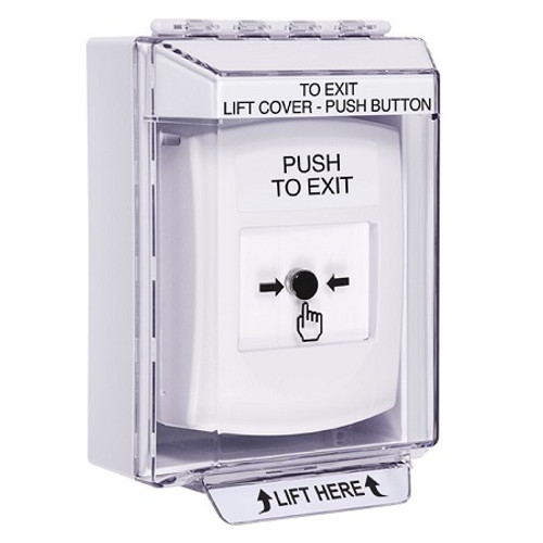 GLR371PX-EN STI White Indoor/Outdoor Low Profile Surface Mount Key-to-Reset Push Button with PUSH TO EXIT Label English