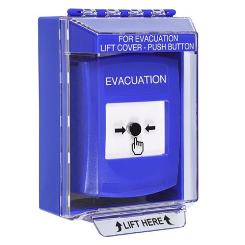 GLR471EV-EN STI Blue Indoor/Outdoor Low Profile Surface Mount Key-to-Reset Push Button with EVACUATION Label English