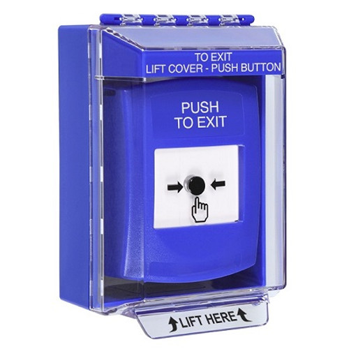 GLR471PX-EN STI Blue Indoor/Outdoor Low Profile Surface Mount Key-to-Reset Push Button with PUSH TO EXIT Label English