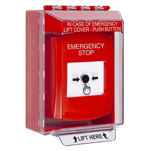 GLR081ES-EN STI Red Indoor/Outdoor Low Profile Surface Mount w/ Sound Key-to-Reset Push Button with EMERGENCY STOP Label English