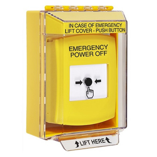 GLR281PO-EN STI Yellow Indoor/Outdoor Low Profile Surface Mount w/ Sound Key-to-Reset Push Button with EMERGENCY POWER OFF Label English