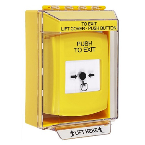 GLR281PX-EN STI Yellow Indoor/Outdoor Low Profile Surface Mount w/ Sound Key-to-Reset Push Button with PUSH TO EXIT Label English
