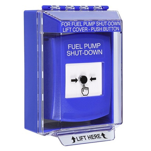 GLR481PS-EN STI Blue Indoor/Outdoor Low Profile Surface Mount w/ Sound Key-to-Reset Push Button with FUEL PUMP SHUT-DOWN Label English