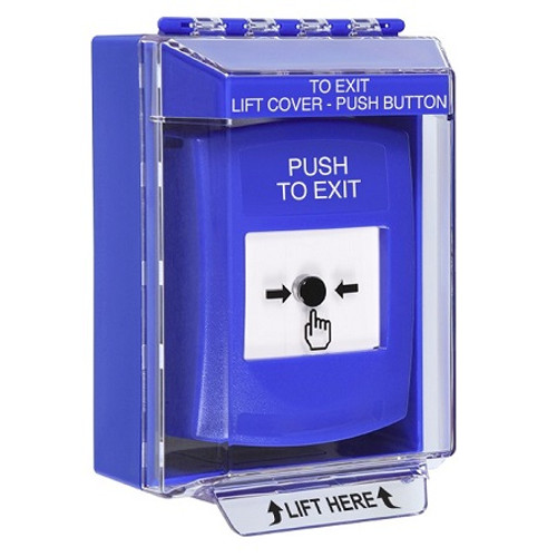 GLR481PX-EN STI Blue Indoor/Outdoor Low Profile Surface Mount w/ Sound Key-to-Reset Push Button with PUSH TO EXIT Label English