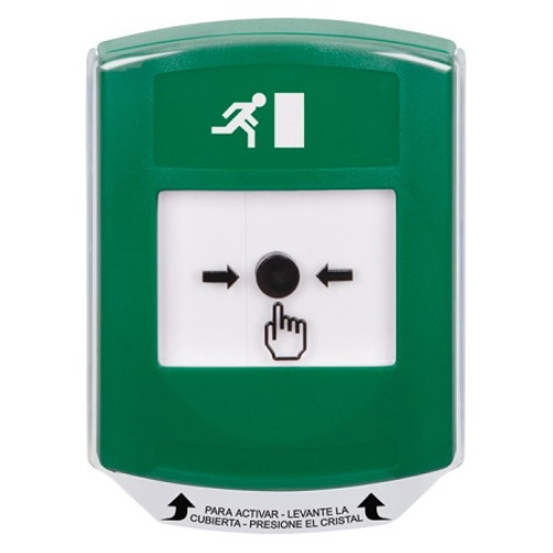 GLR121RM-ES STI Green Indoor Only Shield Key-to-Reset Push Button with Running Man Icon Spanish