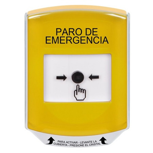 GLR221ES-ES STI Yellow Indoor Only Shield Key-to-Reset Push Button with EMERGENCY STOP Label Spanish