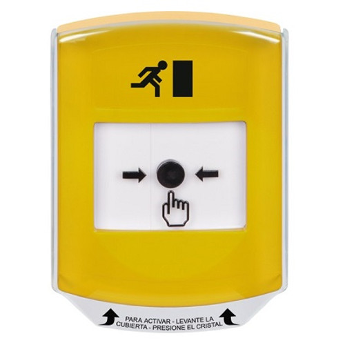 GLR221RM-ES STI Yellow Indoor Only Shield Key-to-Reset Push Button with Running Man Icon Spanish