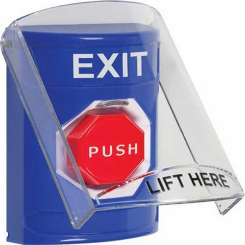 SS2425XT-EN STI Blue Indoor Only Flush or Surface Momentary (Illuminated) Stopper Station with EXIT Label English