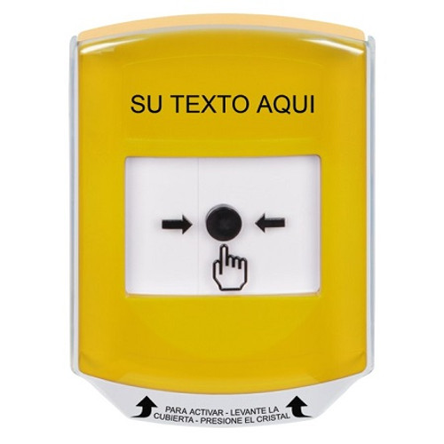 GLR2A1ZA-ES STI Yellow Indoor Only Shield w/ Sound Key-to-Reset Push Button with Non-Returnable Custom Text Label Spanish