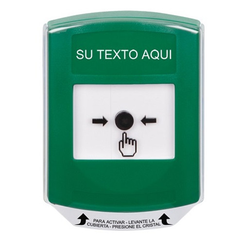GLR1A1ZA-ES STI Green Indoor Only Shield w/ Sound Key-to-Reset Push Button with Non-Returnable Custom Text Label Spanish