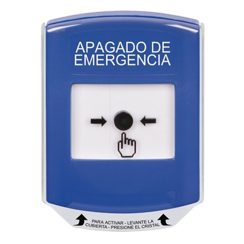 GLR4A1PO-ES STI Blue Indoor Only Shield w/ Sound Key-to-Reset Push Button with EMERGENCY POWER OFF Label Spanish