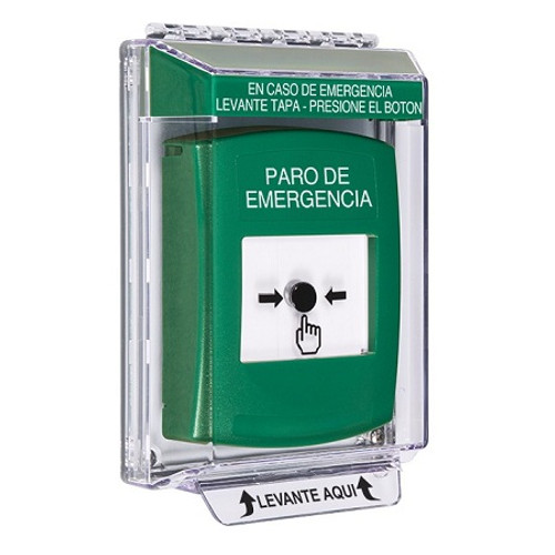 GLR141ES-ES STI Green Indoor/Outdoor Low Profile Flush Mount w/ Sound Key-to-Reset Push Button with EMERGENCY STOP Label Spanish