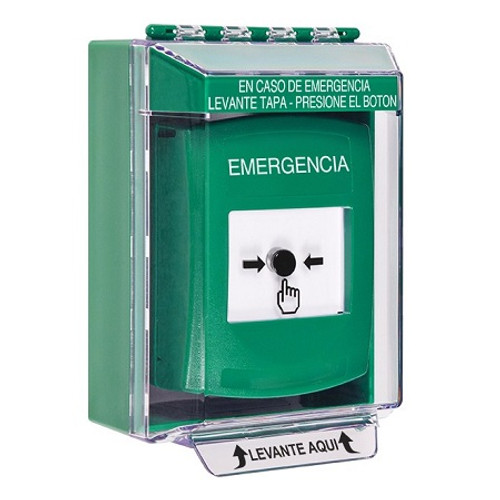 GLR171EM-ES STI Green Indoor/Outdoor Low Profile Surface Mount Key-to-Reset Push Button with EMERGENCY Label Spanish