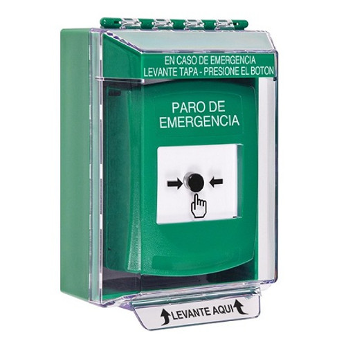 GLR171ES-ES STI Green Indoor/Outdoor Low Profile Surface Mount Key-to-Reset Push Button with EMERGENCY STOP Label Spanish