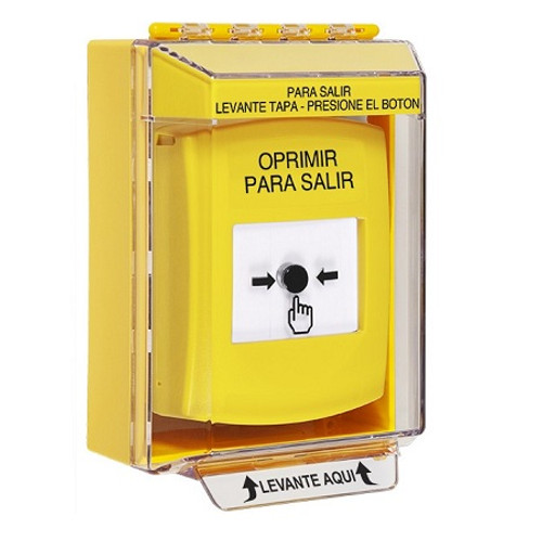 GLR271PX-ES STI Yellow Indoor/Outdoor Low Profile Surface Mount Key-to-Reset Push Button with PUSH TO EXIT Label Spanish