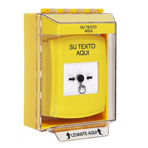 GLR281ZA-ES STI Yellow Indoor/Outdoor Low Profile Surface Mount w/ Sound Key-to-Reset Push Button with Non-Returnable Custom Text Label Spanish