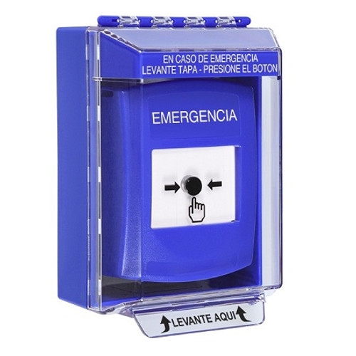 GLR481EM-ES STI Blue Indoor/Outdoor Low Profile Surface Mount w/ Sound Key-to-Reset Push Button with EMERGENCY Label Spanish