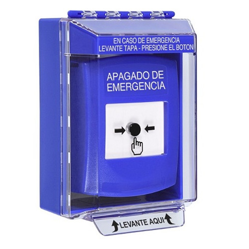 GLR481PO-ES STI Blue Indoor/Outdoor Low Profile Surface Mount w/ Sound Key-to-Reset Push Button with EMERGENCY POWER OFF Label Spanish