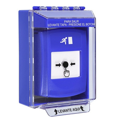 GLR471RM-ES STI Blue Indoor/Outdoor Low Profile Surface Mount Key-to-Reset Push Button with Running Man Icon Spanish