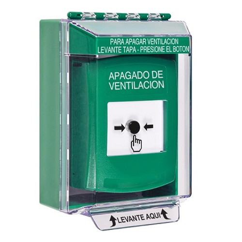 GLR181HV-ES STI Green Indoor/Outdoor Low Profile Surface Mount w/ Sound Key-to-Reset Push Button with HVAC SHUT-DOWN Label Spanish