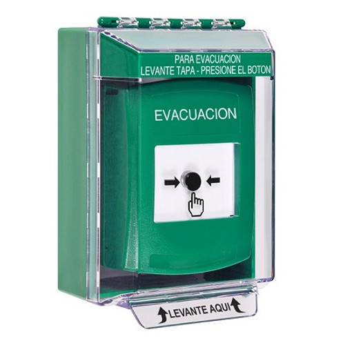 GLR181EV-ES STI Green Indoor/Outdoor Low Profile Surface Mount w/ Sound Key-to-Reset Push Button with EVACUATION Label Spanish