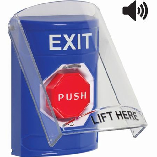 SS24A9XT-EN STI Blue Indoor Only Flush or Surface w/ Horn Turn-to-Reset (Illuminated) Stopper Station with EXIT Label English