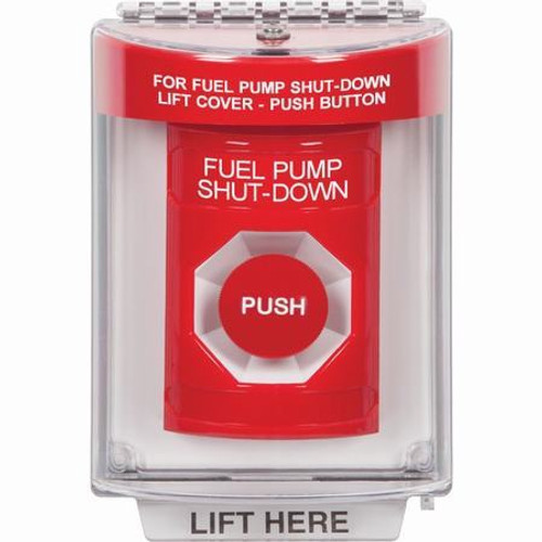 SS2034PS-EN STI Red Indoor/Outdoor Flush Momentary Stopper Station with FUEL PUMP SHUT DOWN Label English