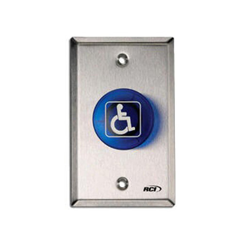 906-BH-TD x 32D Dormakaba RCI Handicapped Symbol Electronic Time Delay Mushroom Button - Brushed Stainless Steel Faceplate - Blue Cap
