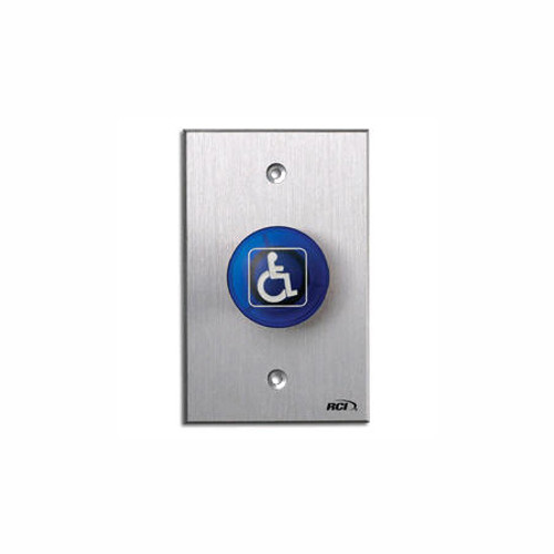 916-BH-MA x 28 Dormakaba RCI Handicap Symbol Maintained Action Tamper-proof Handicap Mushroom Button - Brushed Anodized Aluminum Faceplate - Blue Cap