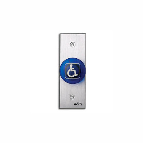 916N-BH-MO x 28 Dormakaba RCI Narrow Handicap Symbol Momentary Action Tamper-proof Handicap Mushroom Button - Brushed Anodized Aluminum Faceplate - Blue Cap